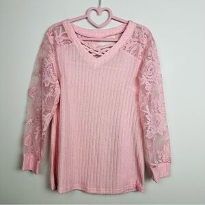 Chic Pink Lace Sleeve Blouse Size Medium
